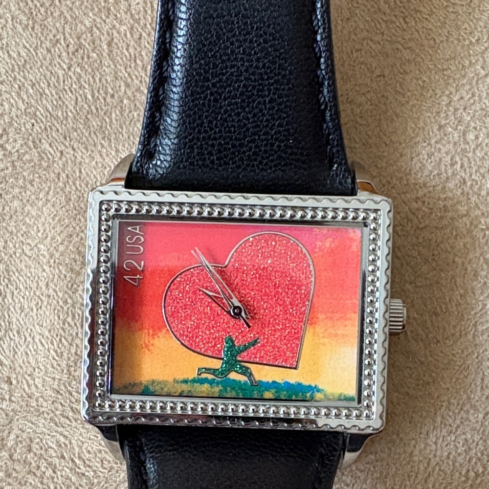 Square Watch with Heart Design and Black Leather Strap